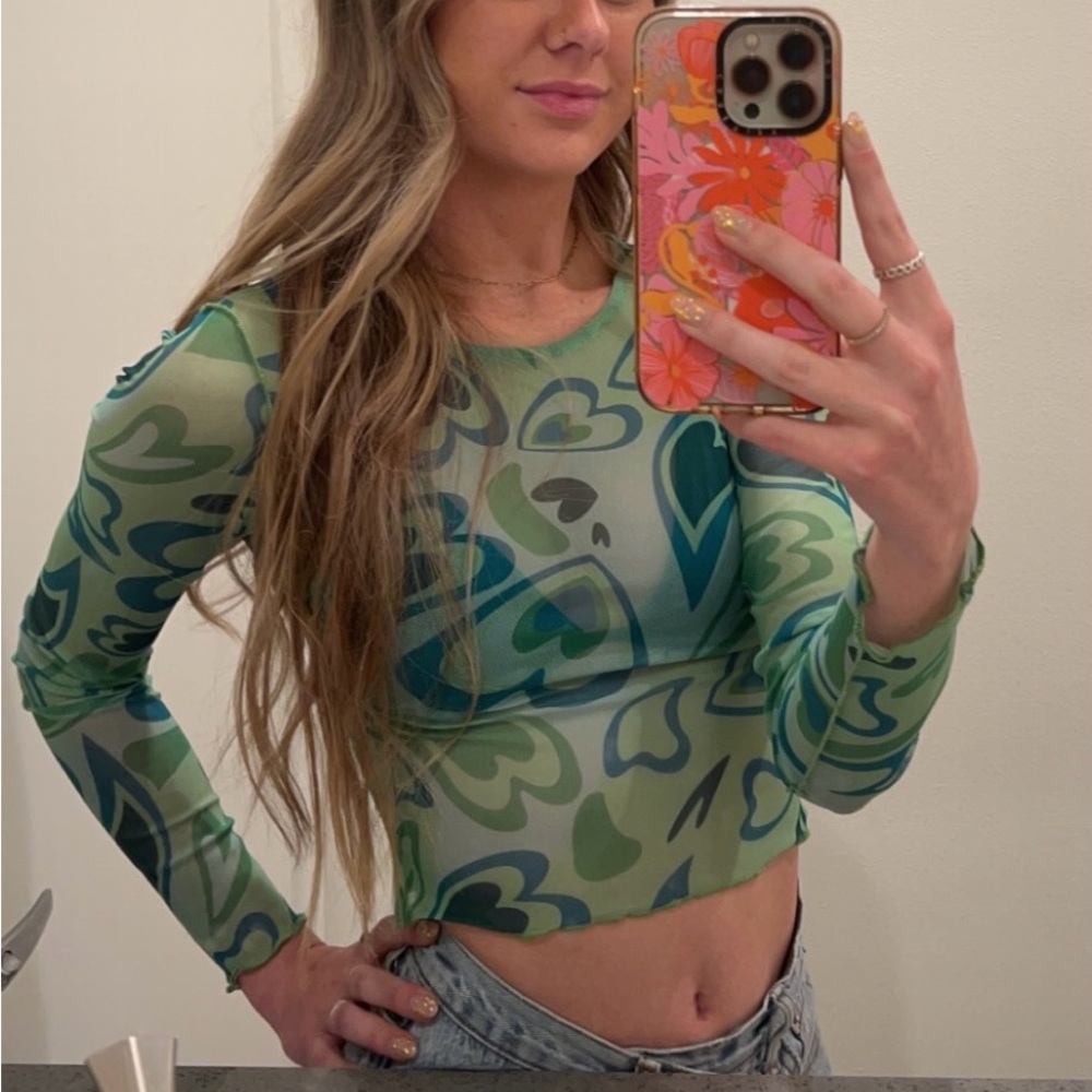 Princess Polly Green Fitted Sheer Cropped Long Sleeve Top